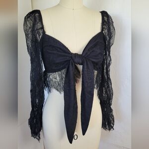 NASTY GAL 2 Black Lace Bow Crop Top with Sheer Sleeves